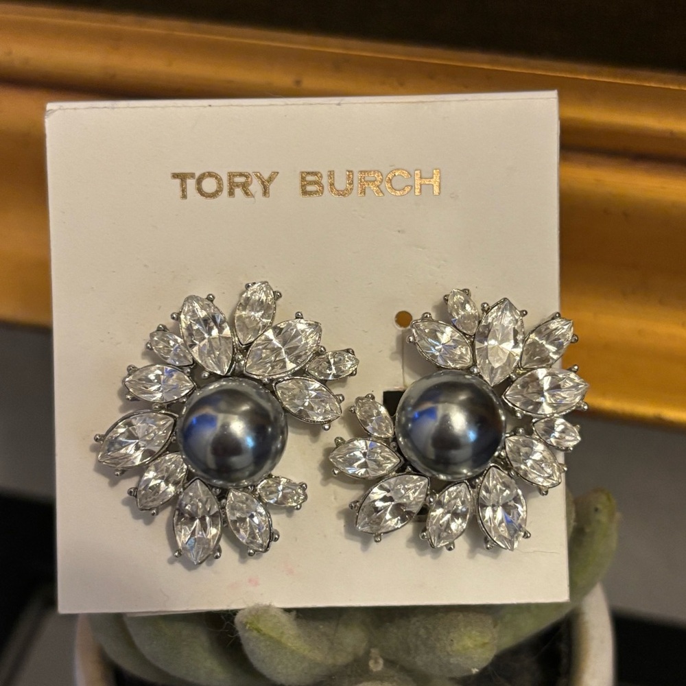 Tory Burch Pearl Silver Clip on Crystal SE Floral Earrings net